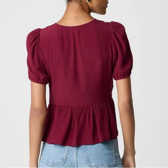 J.Crew NWT Short Puff Sleeve Burgandy Bow Front Blouse Size 12 - Image 2