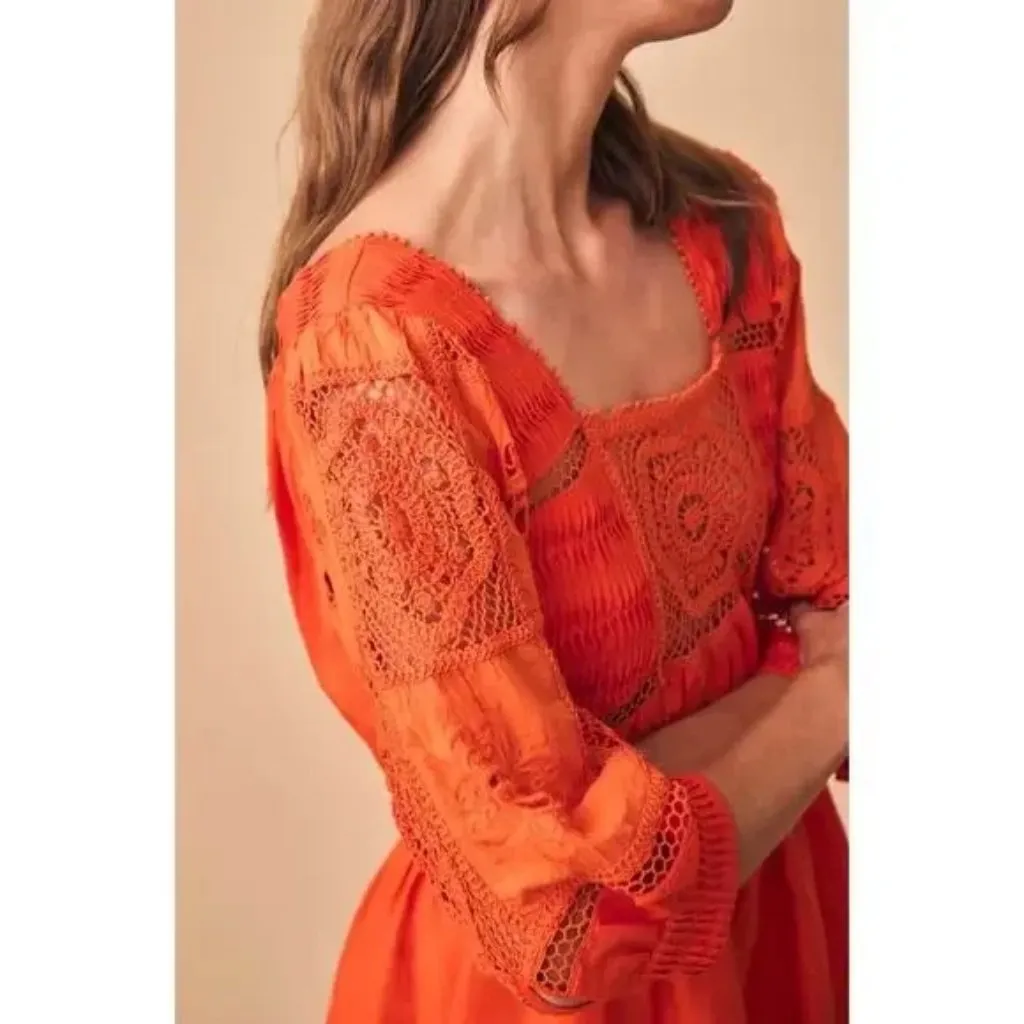 Hunter Bell Rowe Dress Crochet Lace Linen Blend Midi Puff Sleeve Square Neck - Image 11