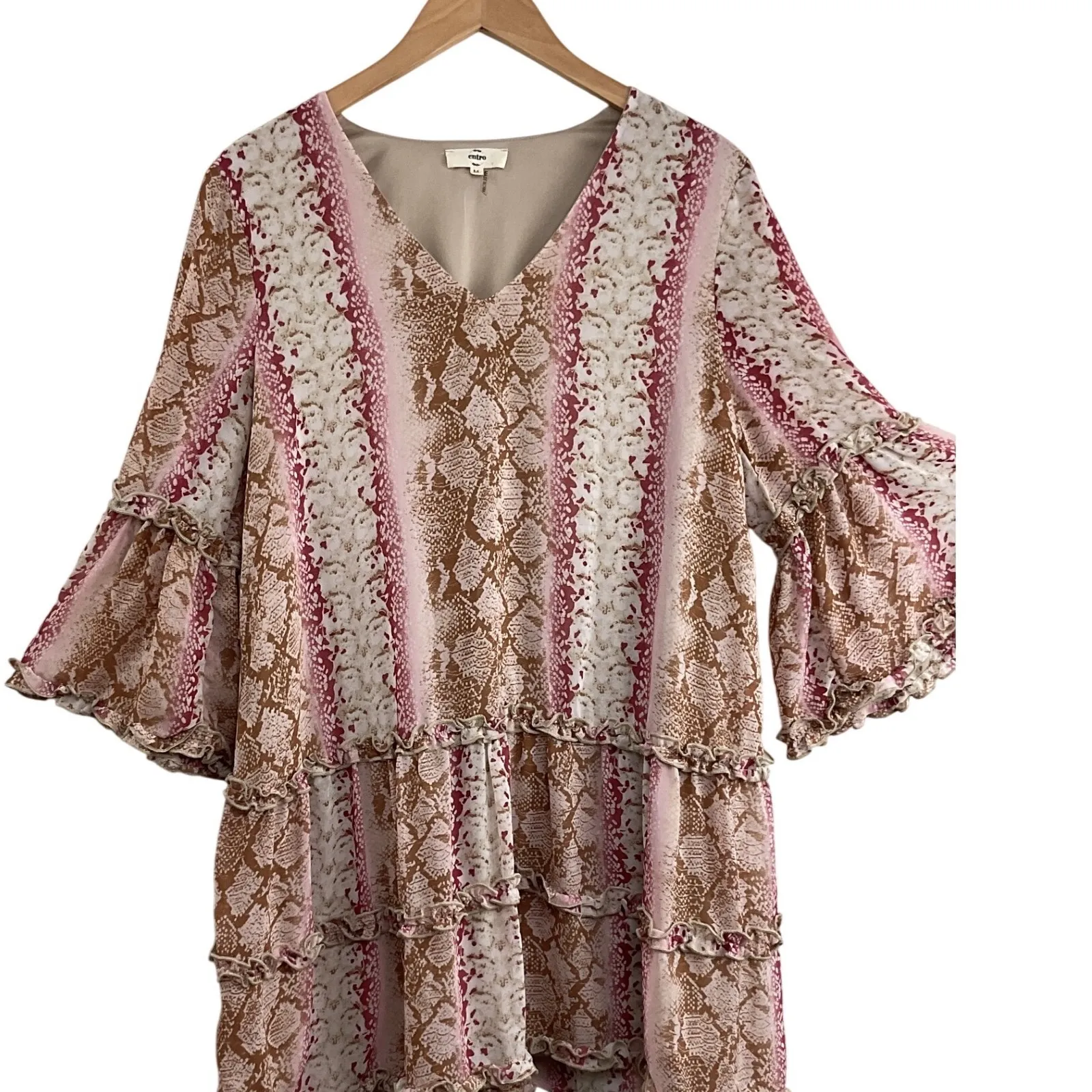 Entro Snake Print Ruffle Tiered V Neck Bell Sleeve Mini Dress Size M - Image 7