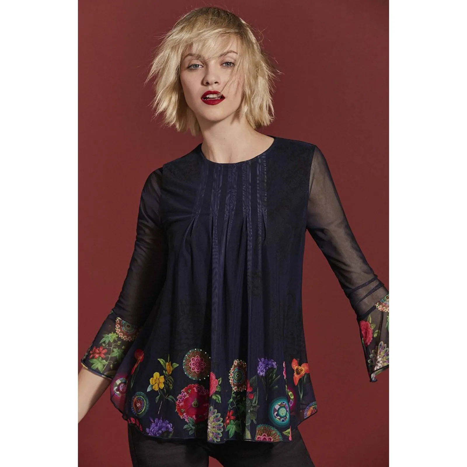Desigual Navy Sheer Mesh Floral Blouse Top XS Long Sleeve Boho Artsy Festival - Image 4