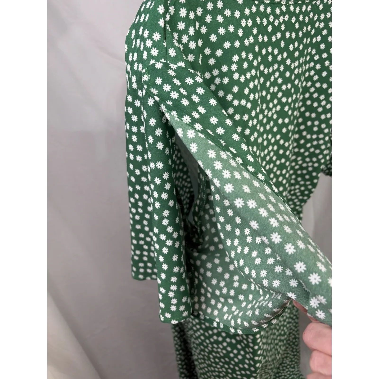 Green Floral‎ Wrap Midi Dress Ruffle Hem Short Sleeve Cotton Blend Women's XL - Image 5