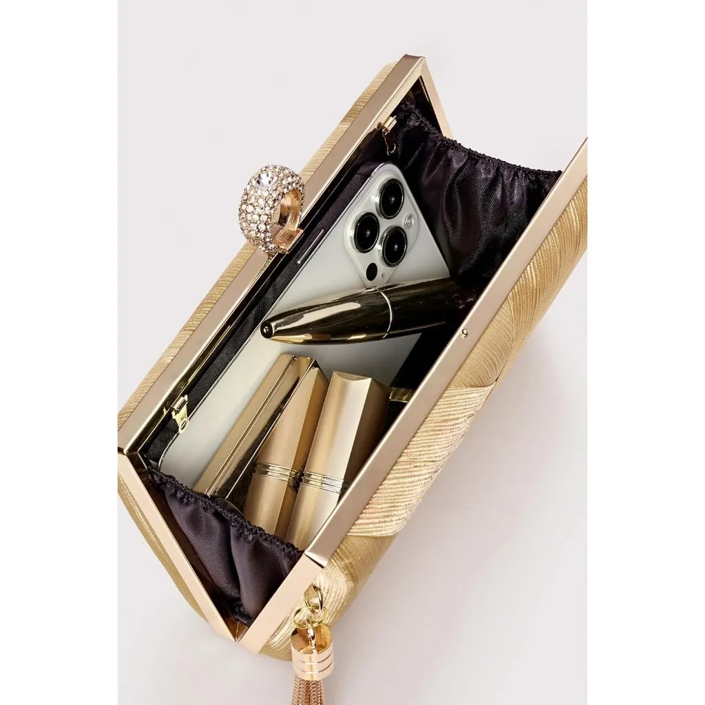 ⚡ Women's Gold Tassel Pendant Rhinestones Cross Strap Formal Party Clutch Bag - Image 6