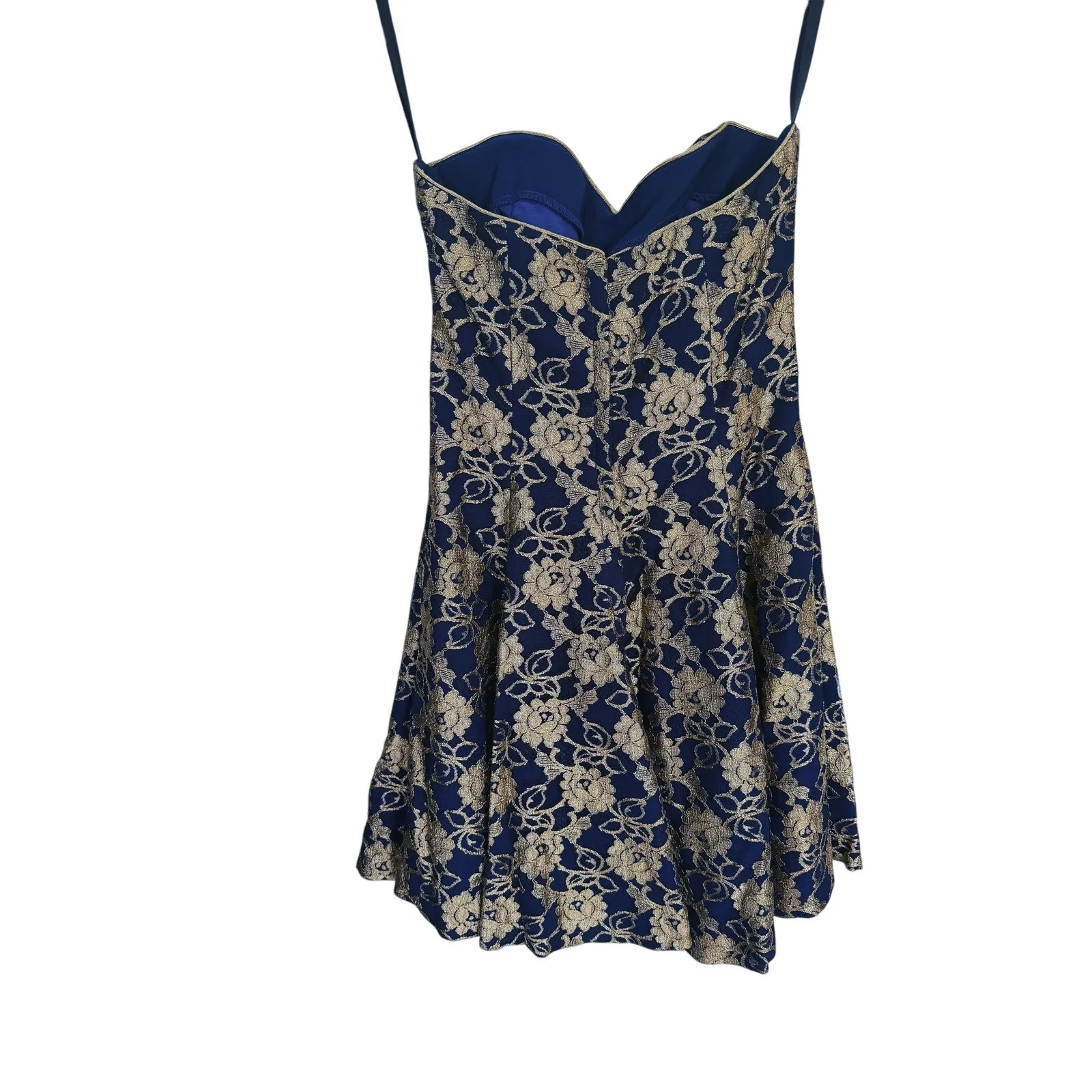 Vintage 1980s Strapless Floral Gold Foil Burnout Mini Dress 6 Prom Event Party Blue - Image 5