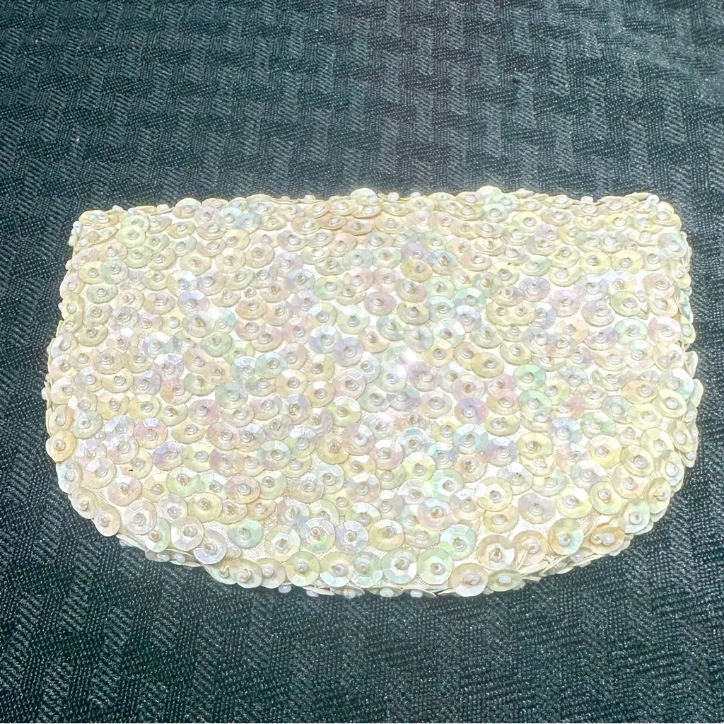 VTG Safco Beaded Sequin Ivory/Buttery Yellow Evening Coin Purse Handmade Glam - Image 2