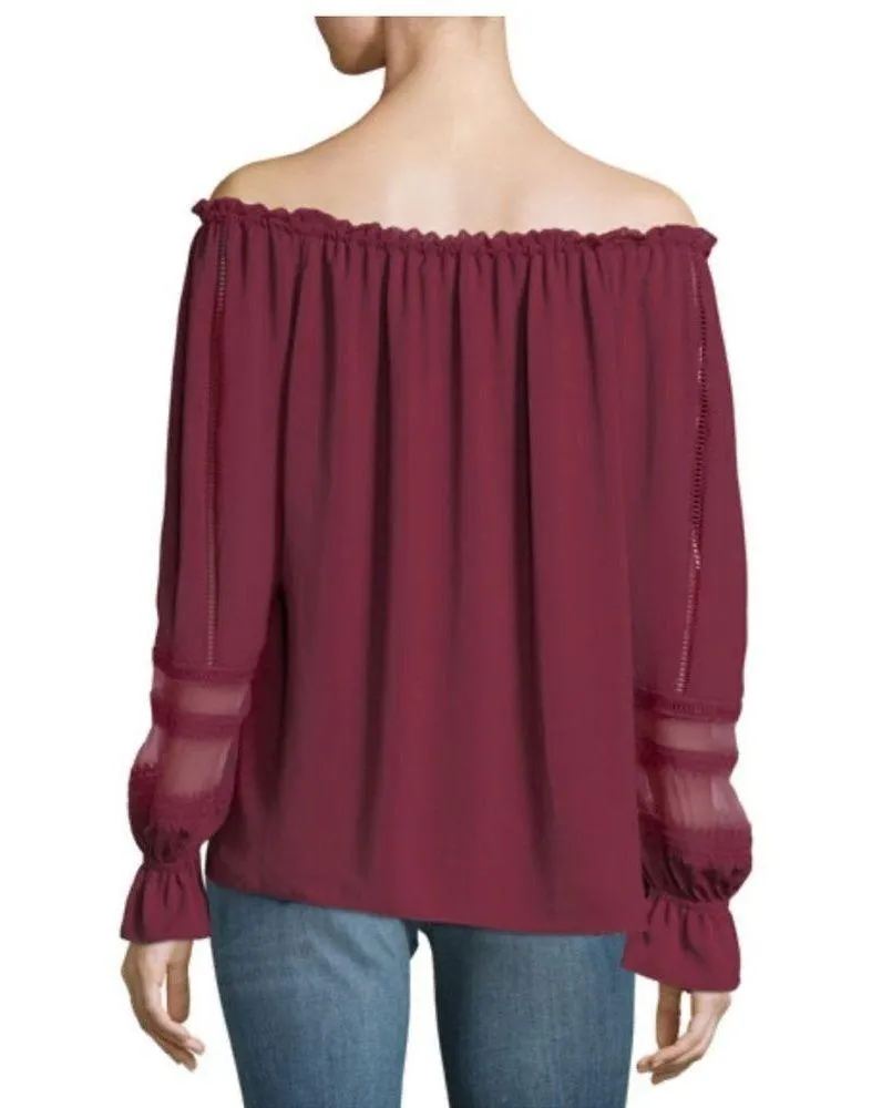 Ramy Brook Thea Off the Shoulder Long Sleeve Chiffon Blouse Top in Burgundy XS - Image 2