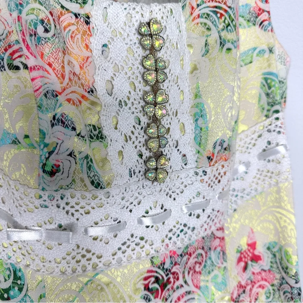 S.L Fashions Sz XS Dress Unique Yellow Empire 4 Leaf Clover Fairy Regency Lace - Image 3