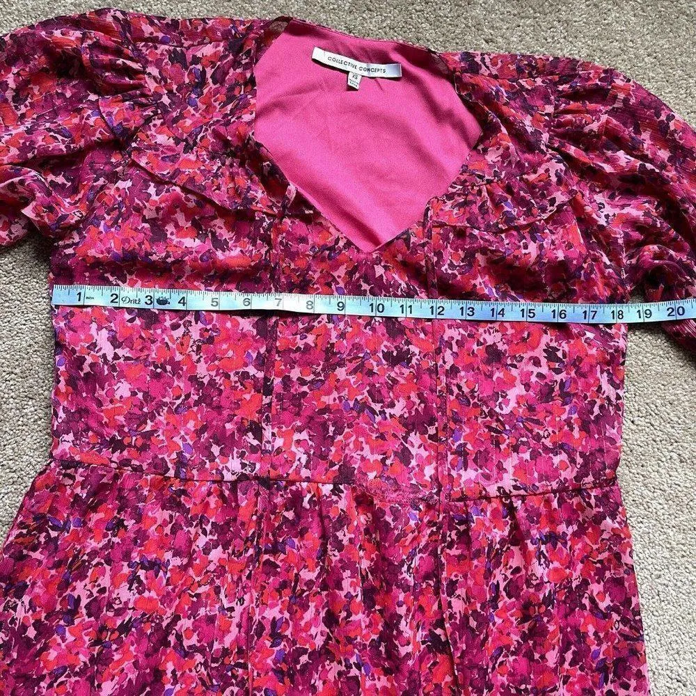 NEW Collective Concepts Ruffle Short Sleeve Midi Dress In Magenta Floral Pink XS - Image 5