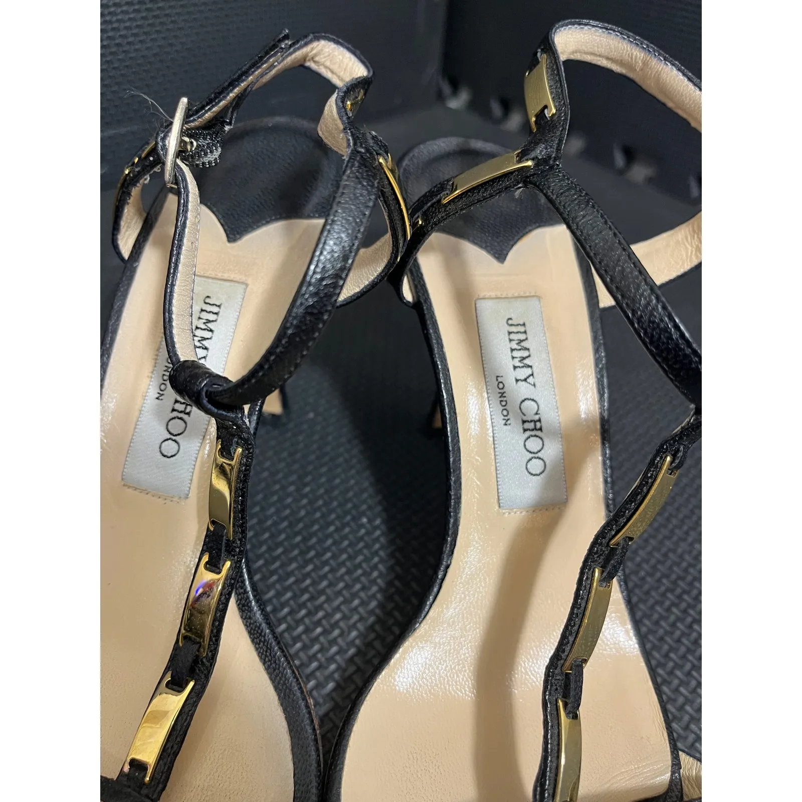 Jimmy Choo Shoes Black Stiletto Leather T‎ Strap Gold Bars Size 39.5 US 9.5 - Image 4