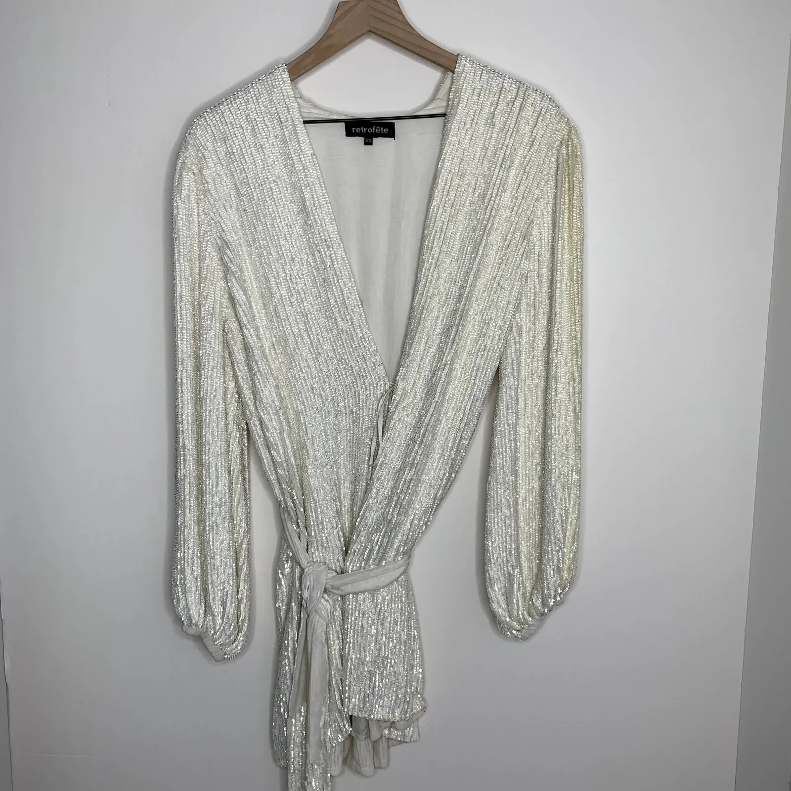 Retrofete Gabrielle Robe Sequins Wrap Mini Dress in Moonglow White Womens XS - Image 3
