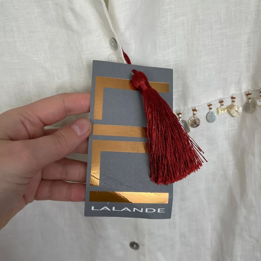 Lili Lalande Women's 42/‎ 10 White 100% Linen Blouse Abalone Shell Beads Fringe - Image 6