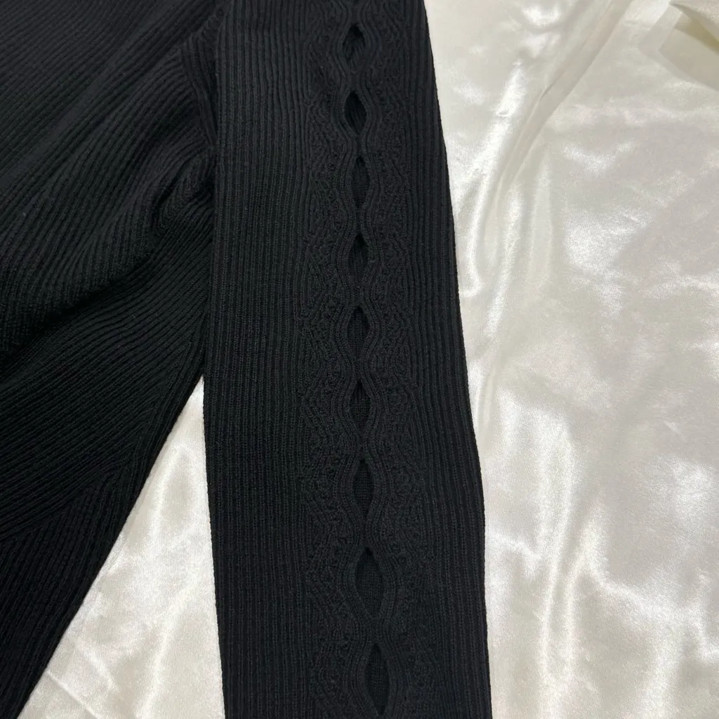 Milly Ribbed Pointelle Cutout Sweater Wool Crewneck Black Small Whimsigoth Chic - Image 9