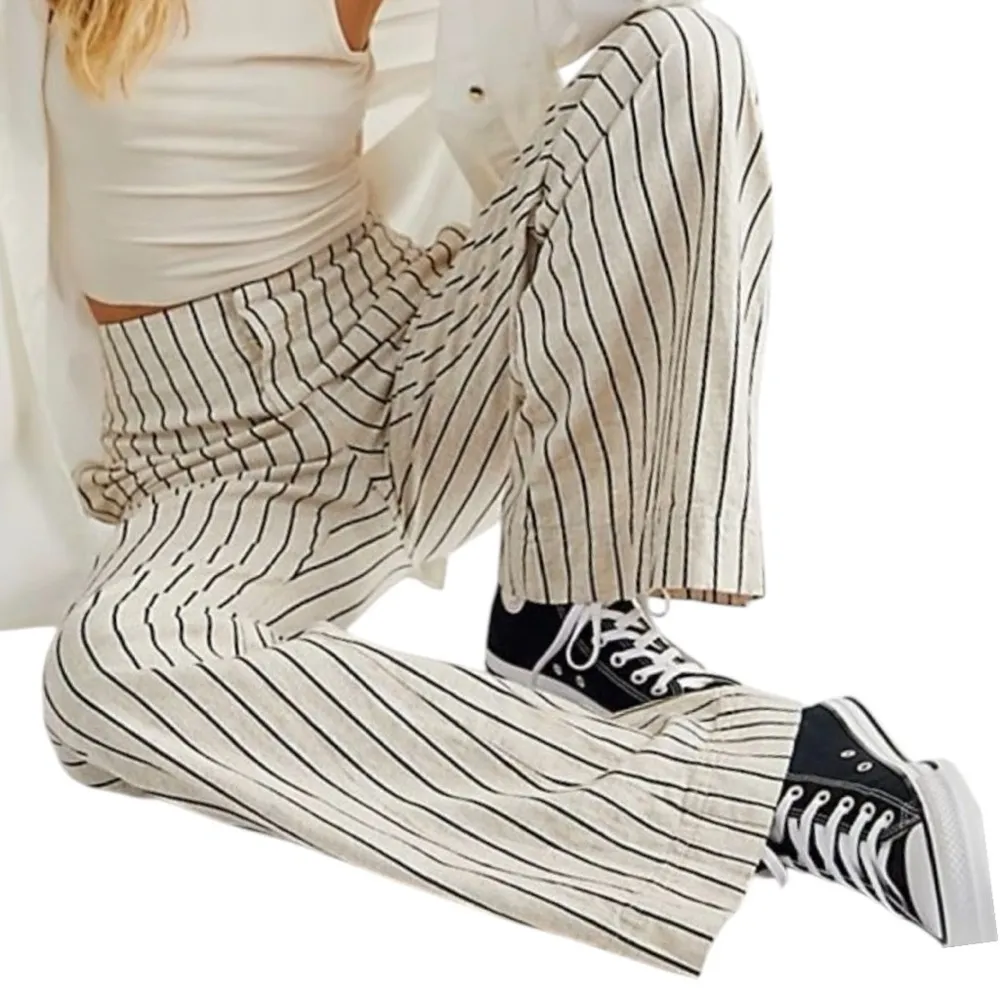 Free People NWT Size 6 Cream Navy Blue Striped Linen Cotton Star of Wonder Pants - Image 3