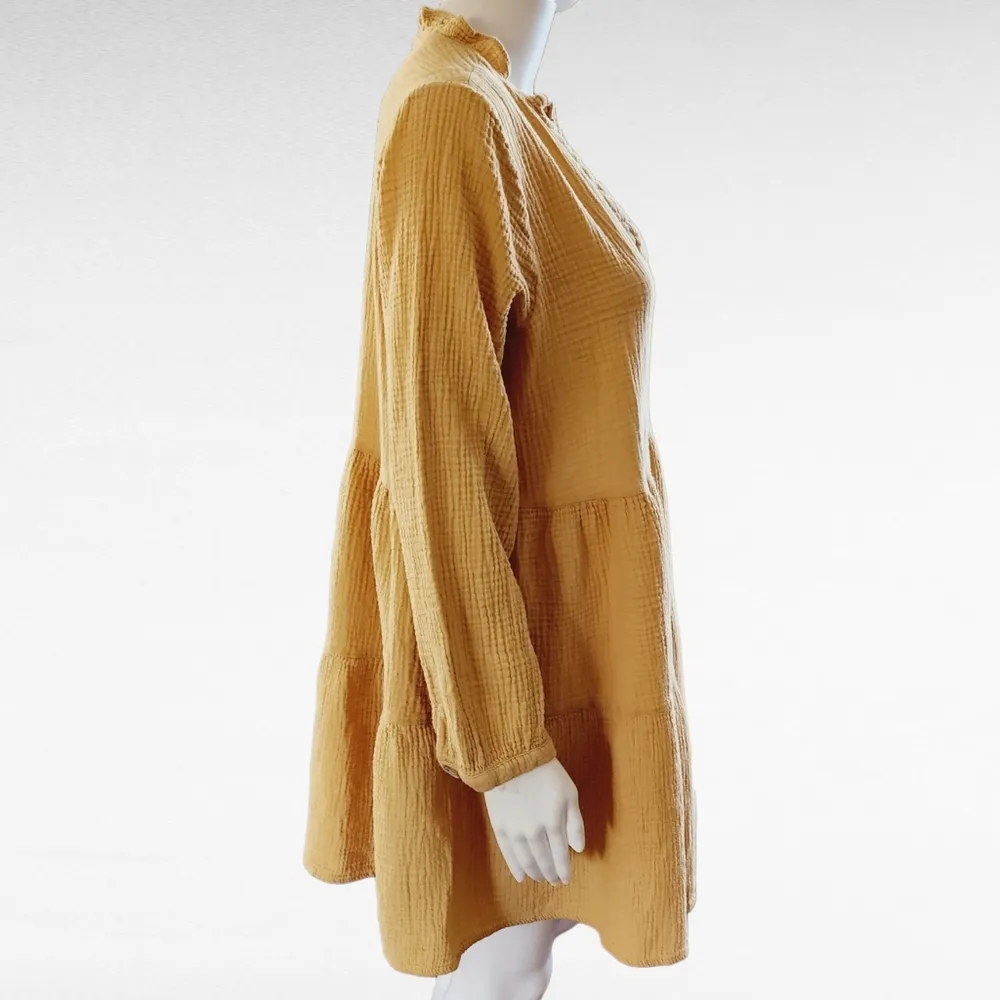 Entro Mustard Crinkle Tiered Long Sleeve Tunic Mini Drezs Size Large - Image 4