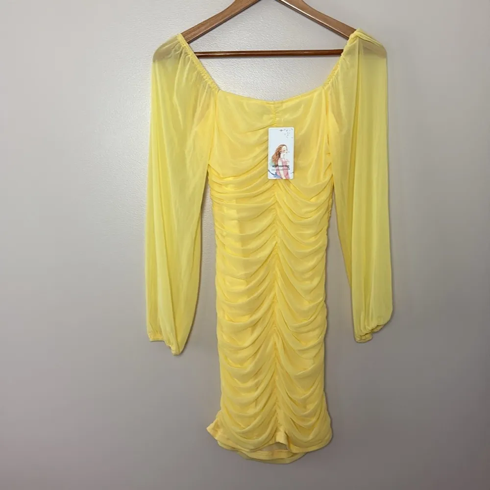 Pretty garden butter yellow mini dress long sheer sleeves ruched body Size S - Image 7