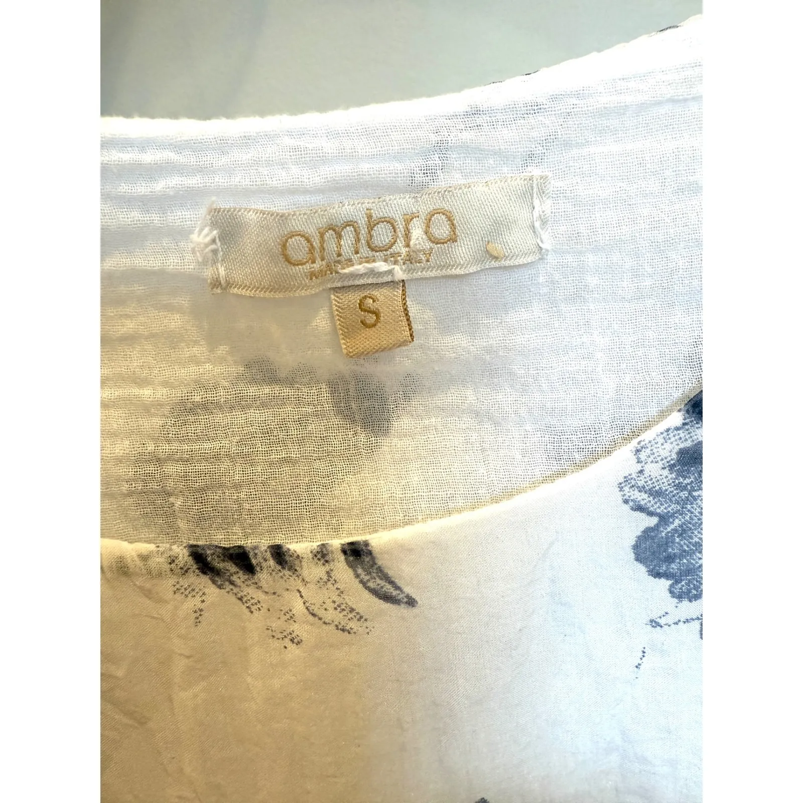 Ambro Italy White Blue Floral Silk Long Sleeve Lace Trim Top Size S - Image 2