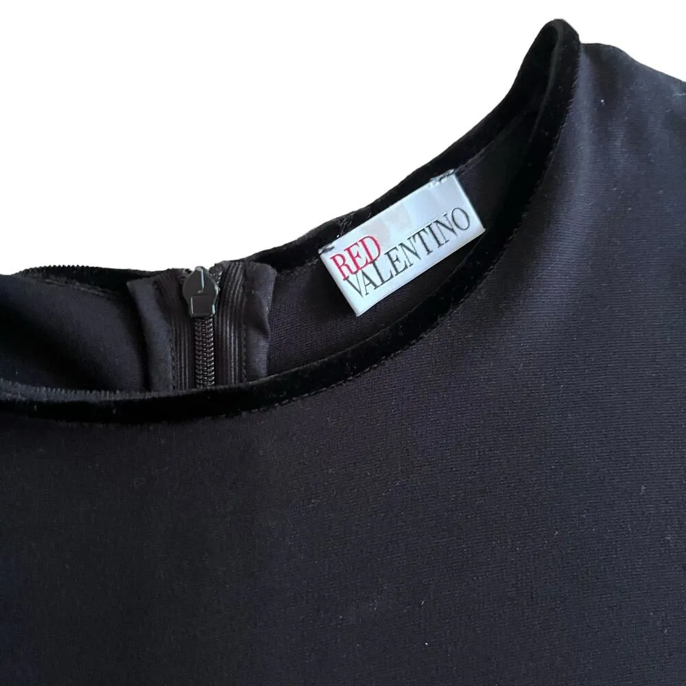 Red Valentino Black Short Sleeve Lace Velvet Trim Scalloped Knee Length Dress L - Image 4