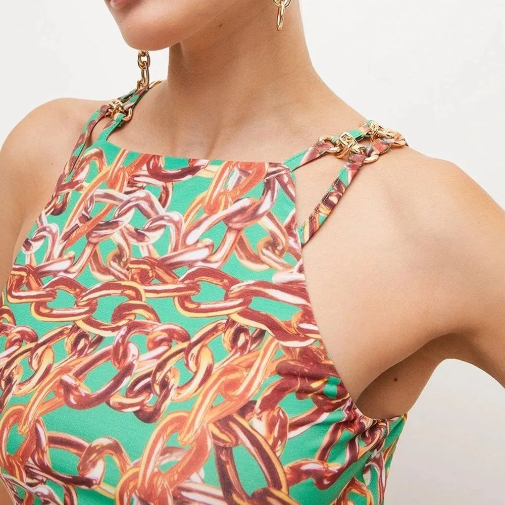 NWT Karen Millen Chain Print Cut Out Jersey Crepe Top Green Gold Sleeveless Sz 6 - Image 7