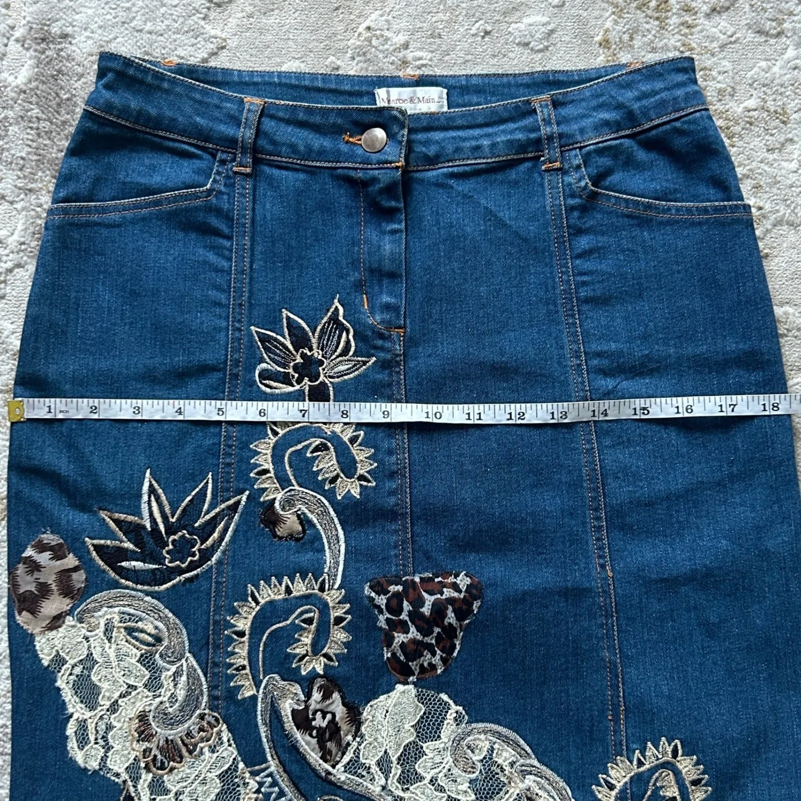 Monroe & Main Womens Embroidered Cotton Blend Denim Pencil Skirt - Image 4