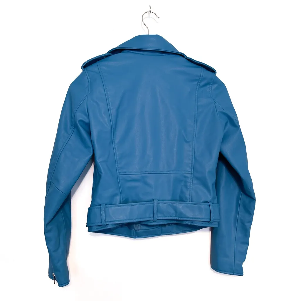 ZARA Faux Leather Blue Moto Jacket XS Biker Blogger Favorite TikTok Style - Image 8