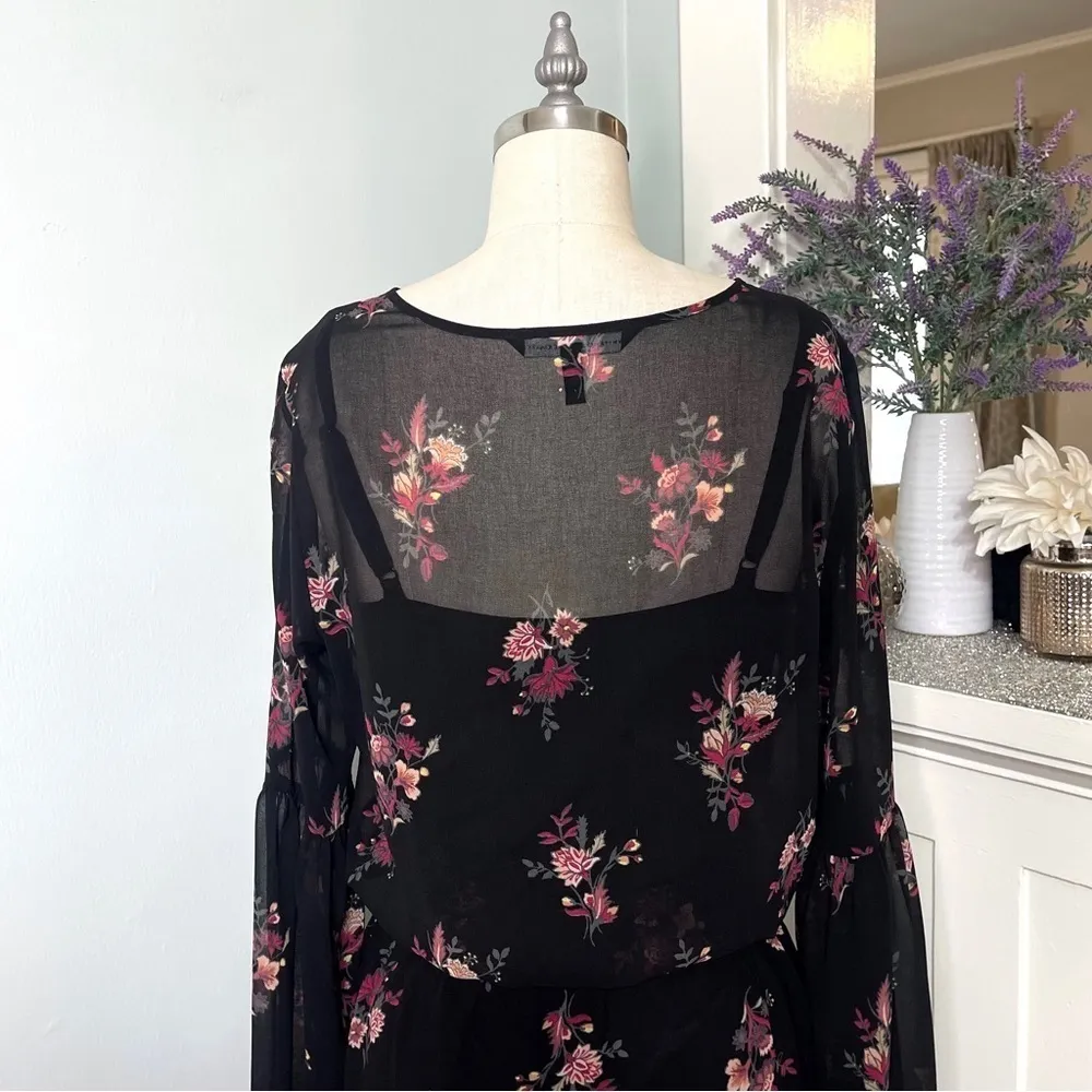 White House Black Market Bell Sleeve Floral Print Dress Black & Pink Size Small - Image 8