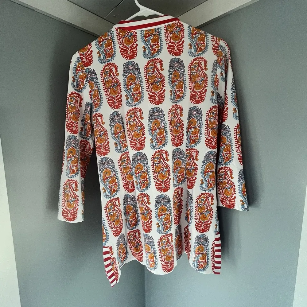 J. Mclaughlin Catalina Cloth 3/4 Sleeve Paisley Striped Trim Tunic Top Size S - Image 5