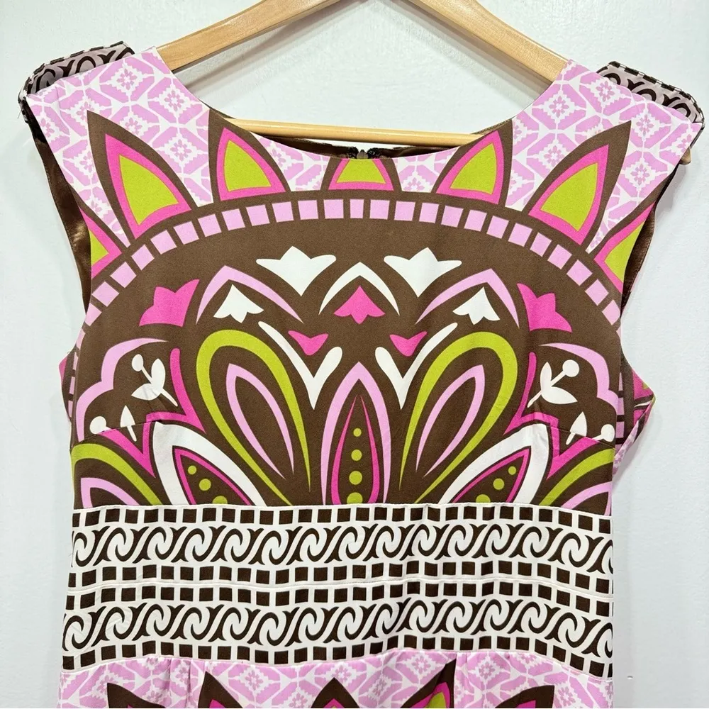 Nicole Miller Sleeveless Pink Lime Brown & Ivory Boho Medallion Print Dress 10 - Image 11