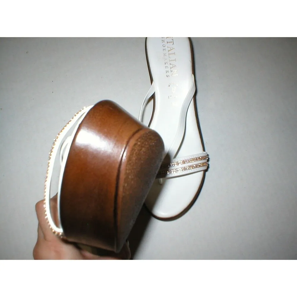 New Womens 10 Italian Shoemakers Crystals Wedge Sandals Platform Shoes White Brn - Image 5