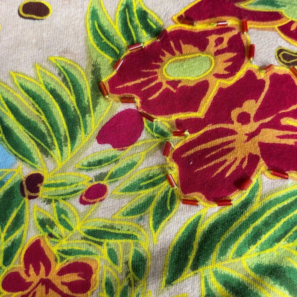 Vintage 90s Phases Tropical Parrot Floral Print Dress Beaded Detail Button Slit Green Size 2X - Image 8