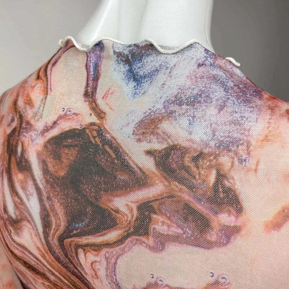 Shein Pink Brown Marble Swirl Tie Dye Long Sleeve Sheer Crop Top Blouse Size S Tan - Image 4