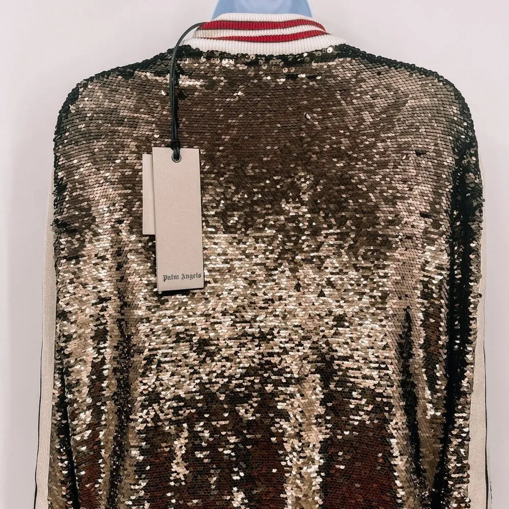 Palm Angels Sequin Track Jacket Zip Up Striped Oversized Coat Chocolate Brown - Image 9