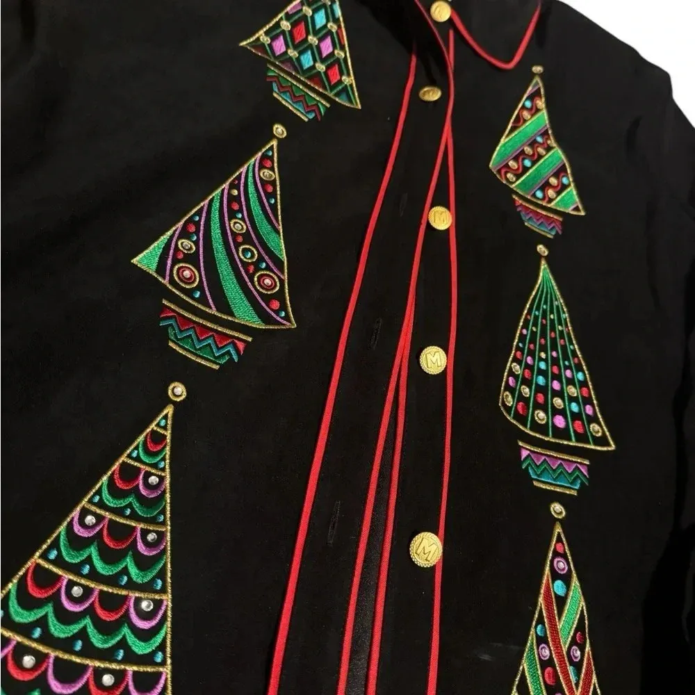 Vintage Bob Mackie Wearable Art Velvet Long Christmas Tree Embroidered Blouse L - Image 2