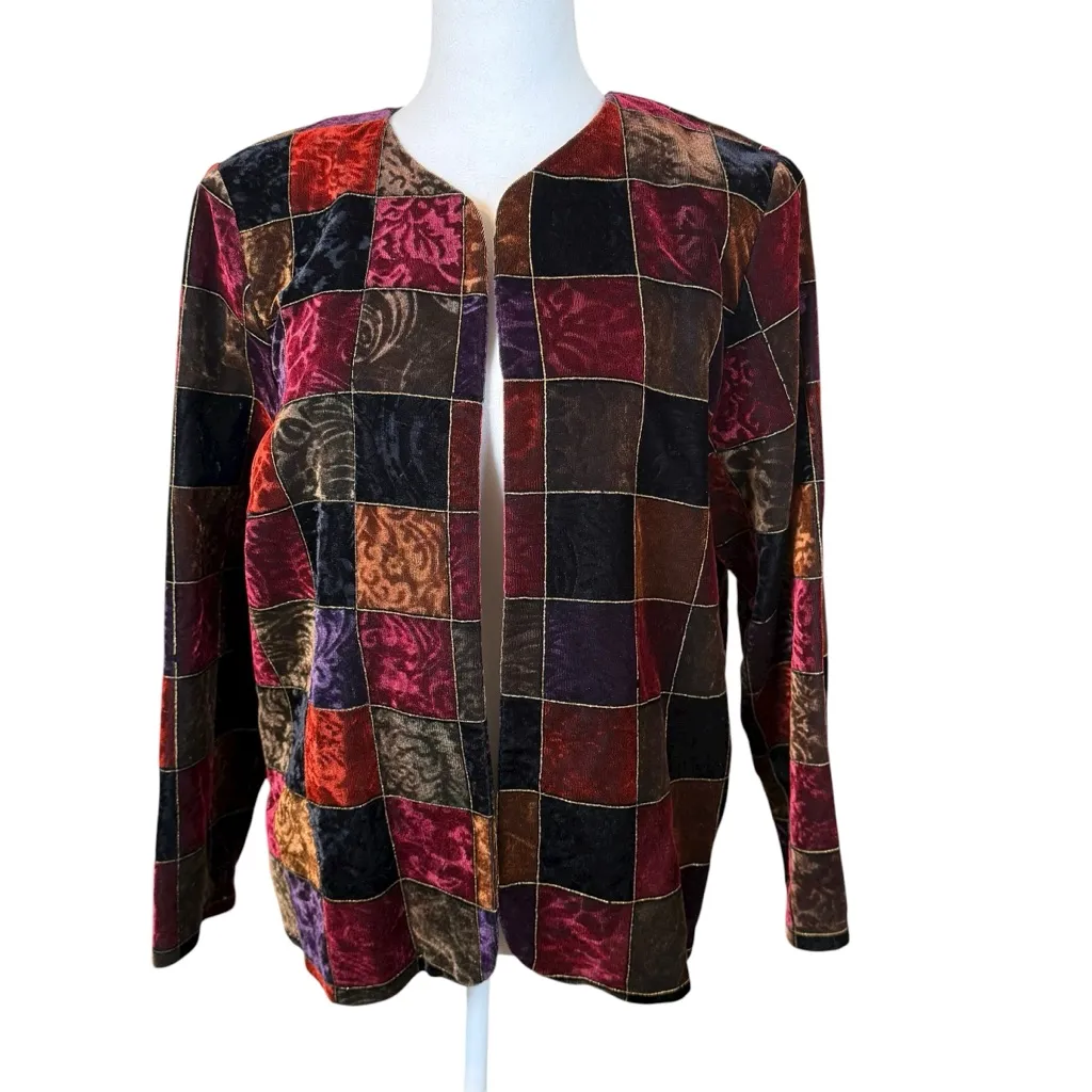 VTG Willow Ridge Velvet Color Block Open Blazer Jacket Womens 14P Made in USA - Image 2