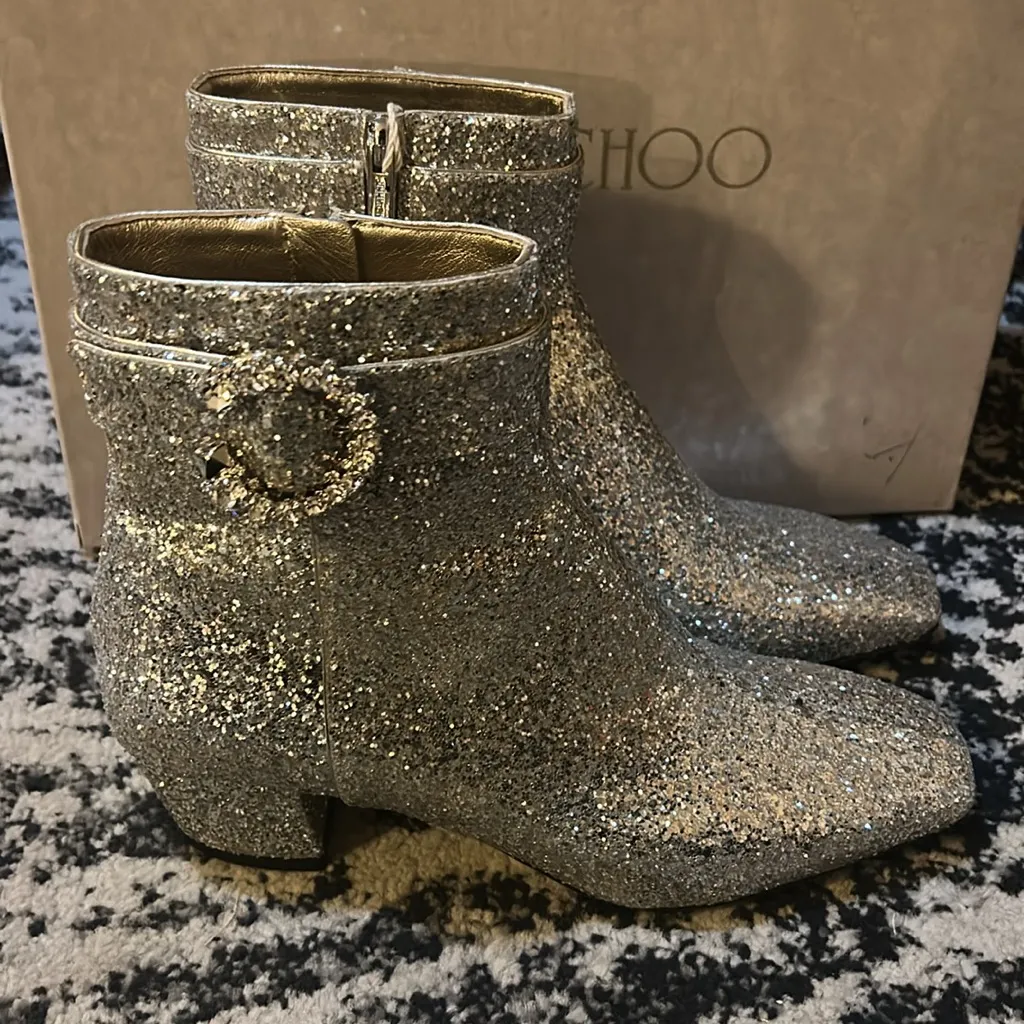 JIMMY CHOO Dazzling Coarse Glitter Fabric Crystal Myan 45 Boots Platinum size 38 - Image 6