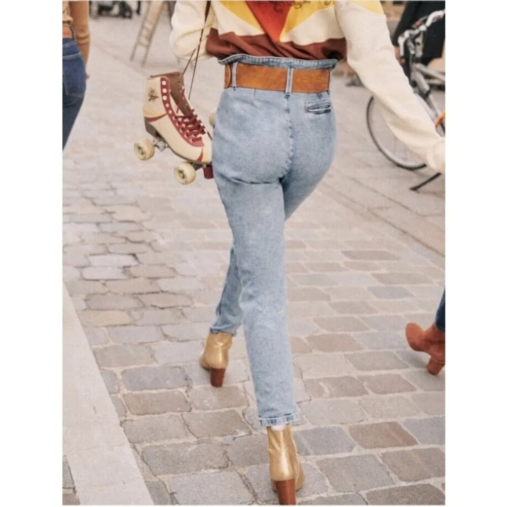 💕SEZANE💕 Austin Belted Paperbag Denim Trousers ~ Bleached Blue FR 36 NWOT - Image 12