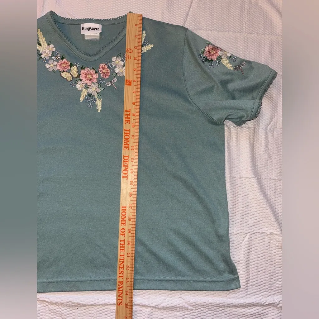 Vintage BonWorth green Floral Embroidered Short Sleeve Top XL - Image 4
