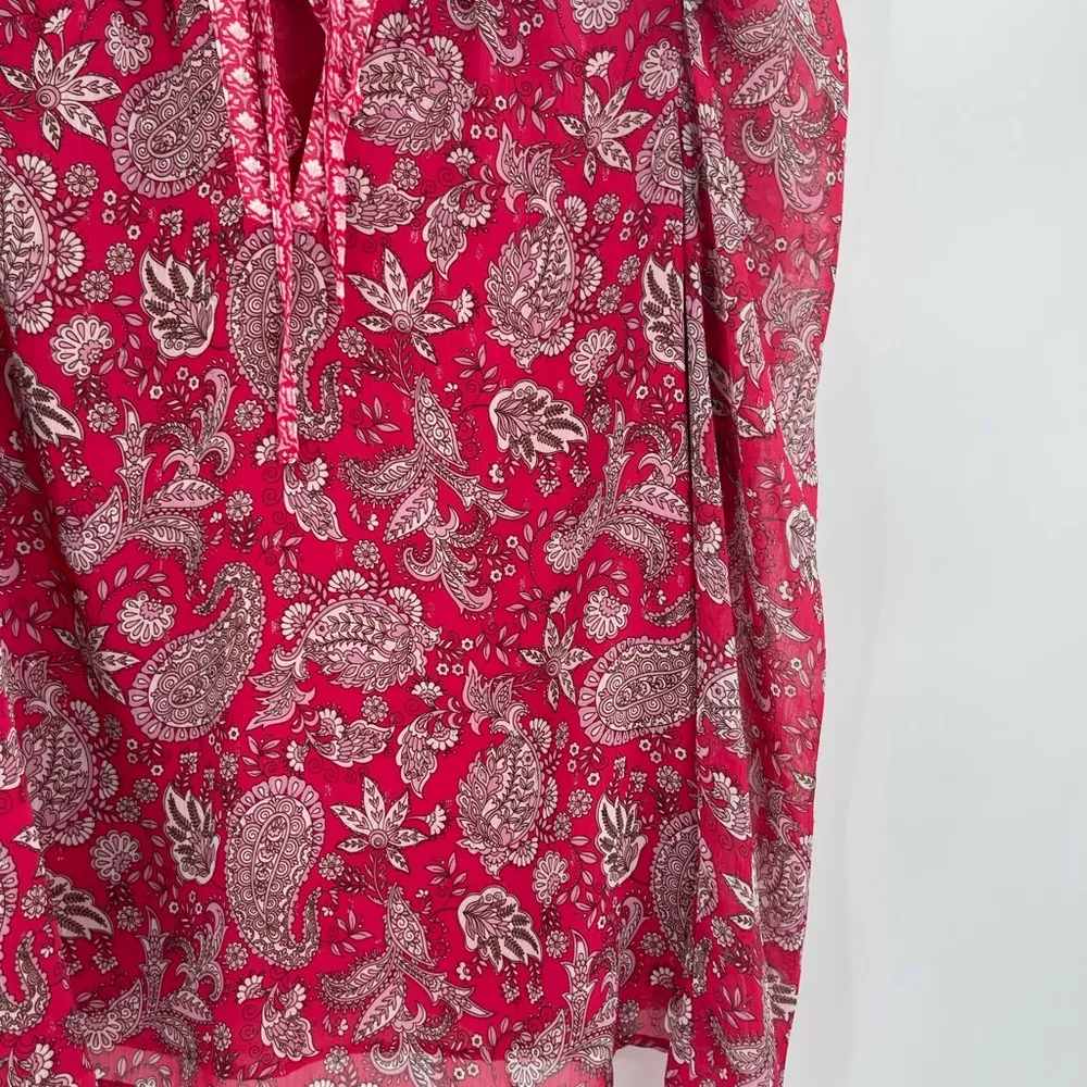 Cupcakes & Cashmere Blouse Paisley Top Red Puff Sleeve Tie Neck Blouse Sz Medium Pink - Image 7