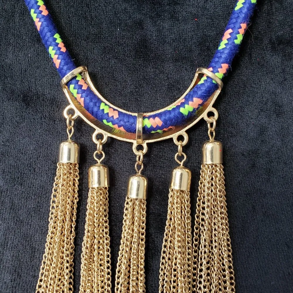 Womens Blue White Rope Boho Style Chain Tassel Collar Necklace w/ Lobster Clasp - Image 5