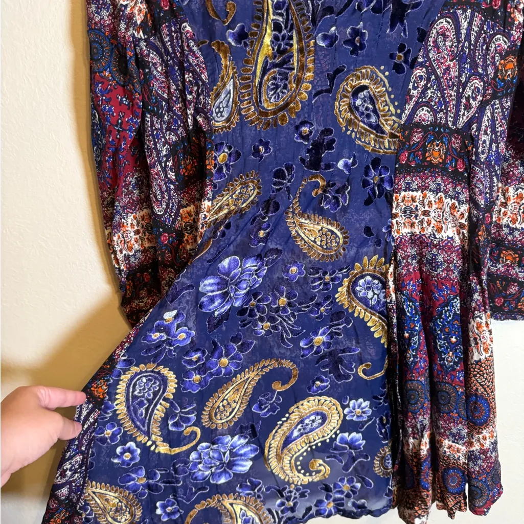 Aratta Silent Journey Boho‎ Paisley Floral Velvet Flock Sheer Button Up Dress Blue - Image 7
