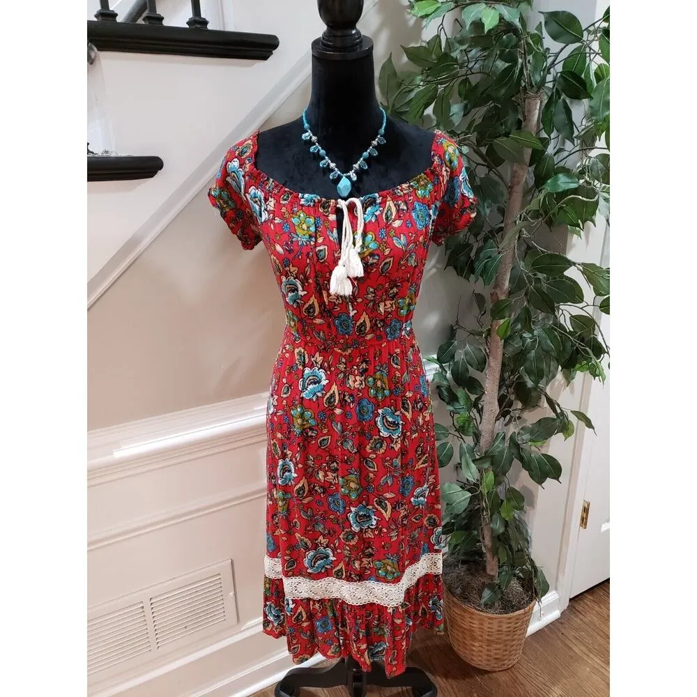 FOREVER 21 Women Red Floral Boho Prairie Farmer Midi Length Dress Size Small - Image 11