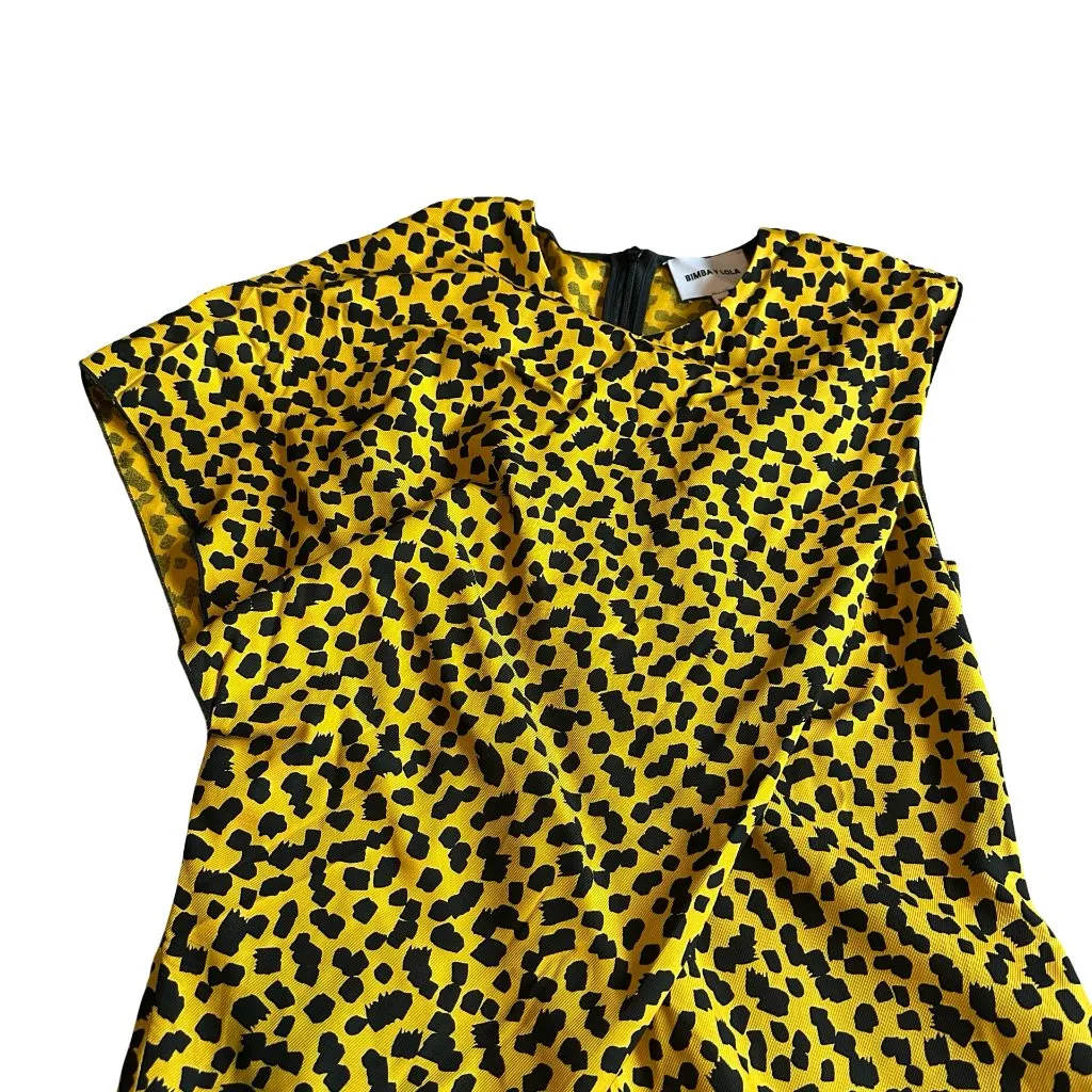 Bimba Y Lola Yellow Black Print Shift Dress Asymmetrical Unique Bold Size XS - Image 2