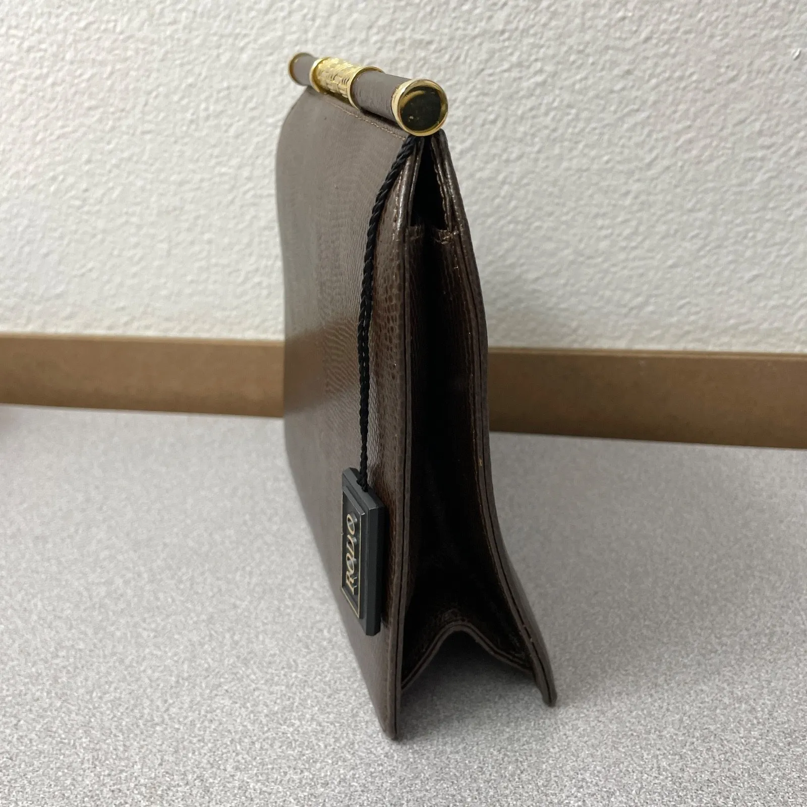 Vtg RODO Italy Leather Frame Handbag Clutch Brown Goldtone Embossed Lined - Image 4