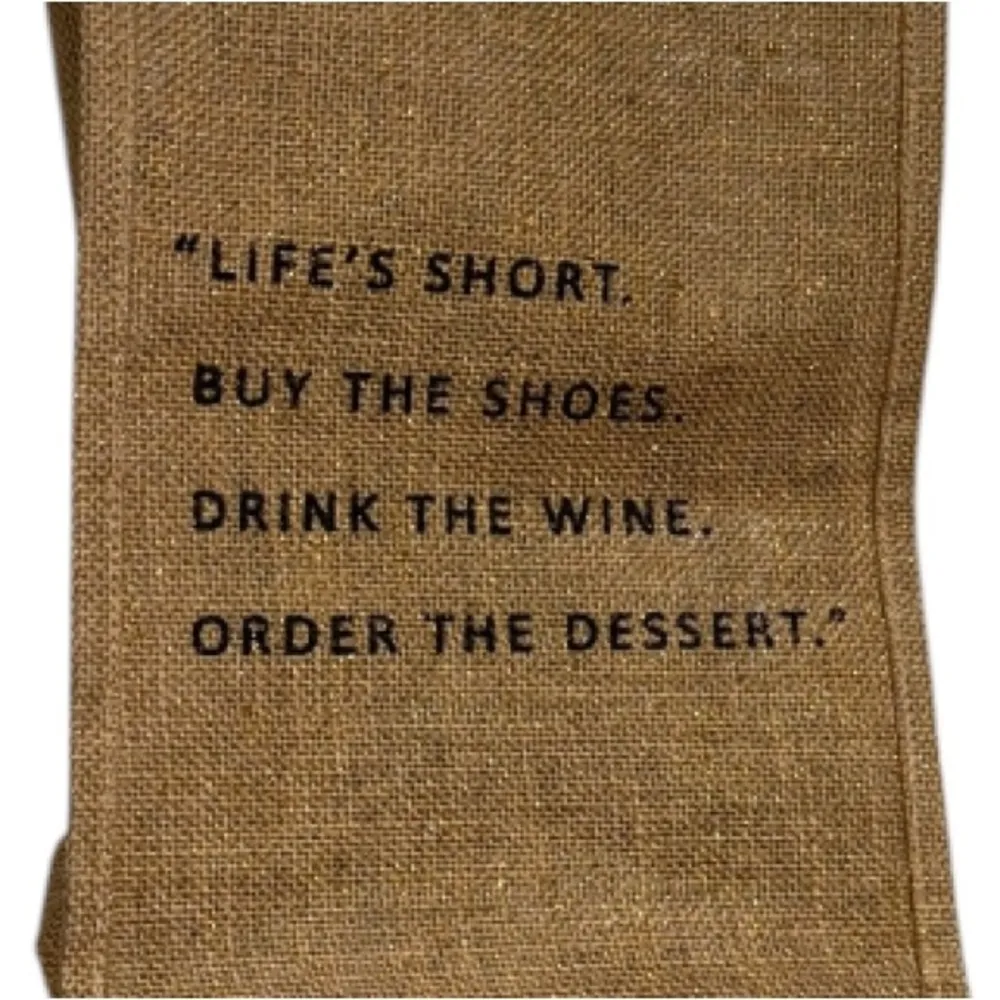 Wine woven Tote with Inspirational Quote holds 4 bottles shimmery jute bag Brown - Image 3