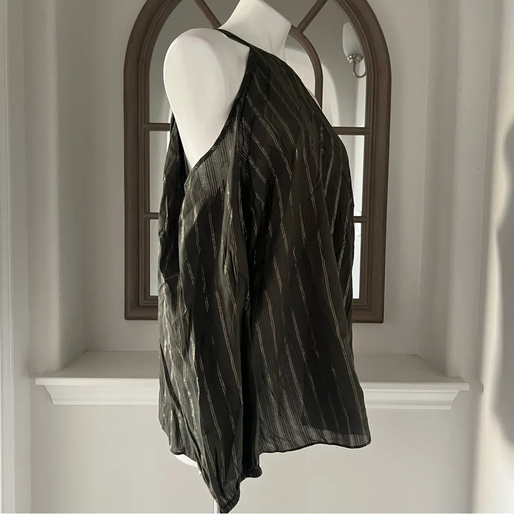 Michael Kors Metallic Stripe Cold-Shoulder Blouse in Olive, Size 2X New w/Tag - Image 9