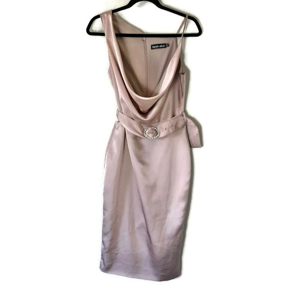 Lavish Alice Champagne Satin Cowl Neck Midi Dress Size 6 - Image 2