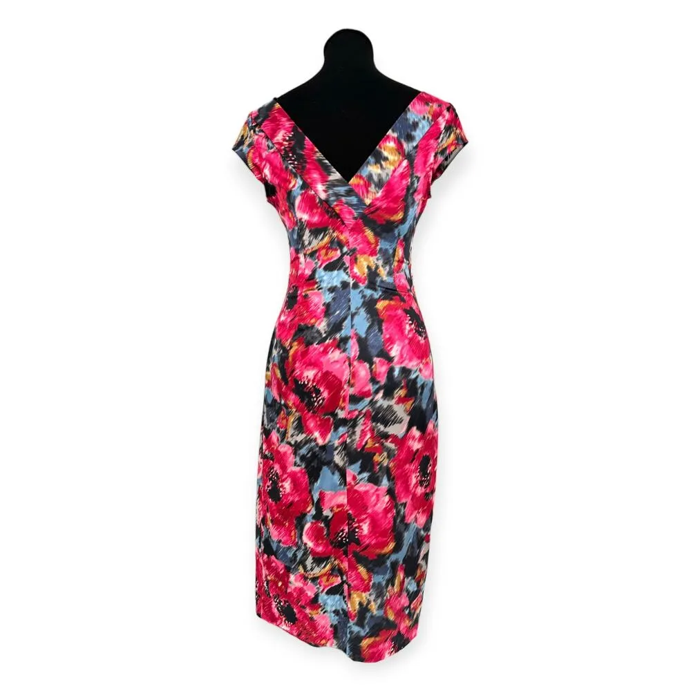 Maggy London | Size 4 | Satin Magenta Teal Floral Double-V Cap Sleeve Midi Dress - Image 9