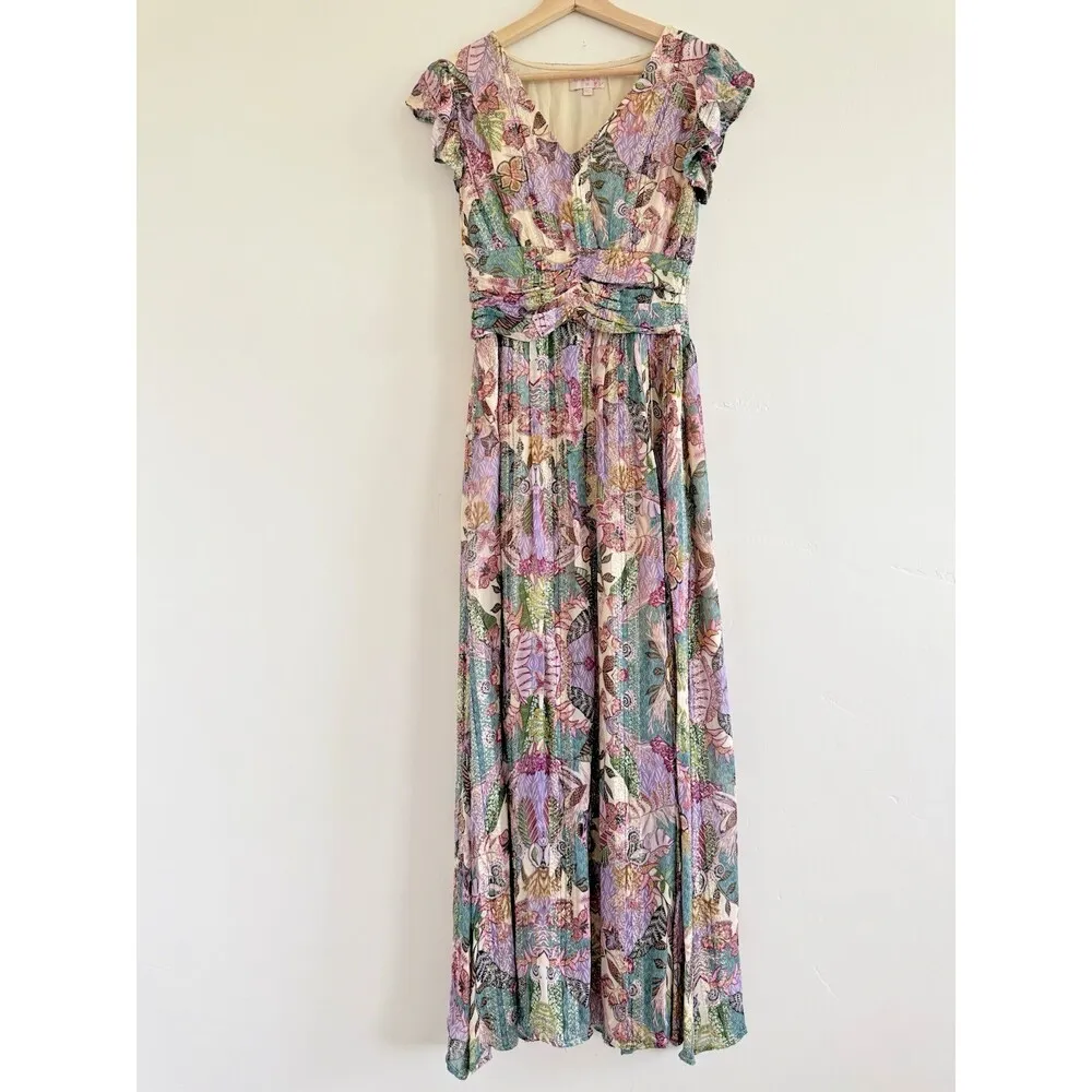 CIEBON Jennsen Ruched Flutter Sleeve Maxi Dress pockets luxu size XS Purple - Image 3