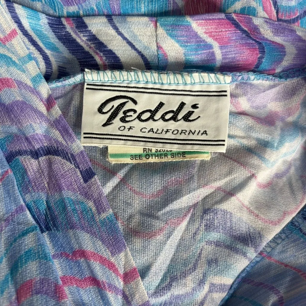 Vintage 80s Blouse Bow Tie Small Zigzag Pastel Purple Blue Short Sleeve Sheer Size M - Image 6