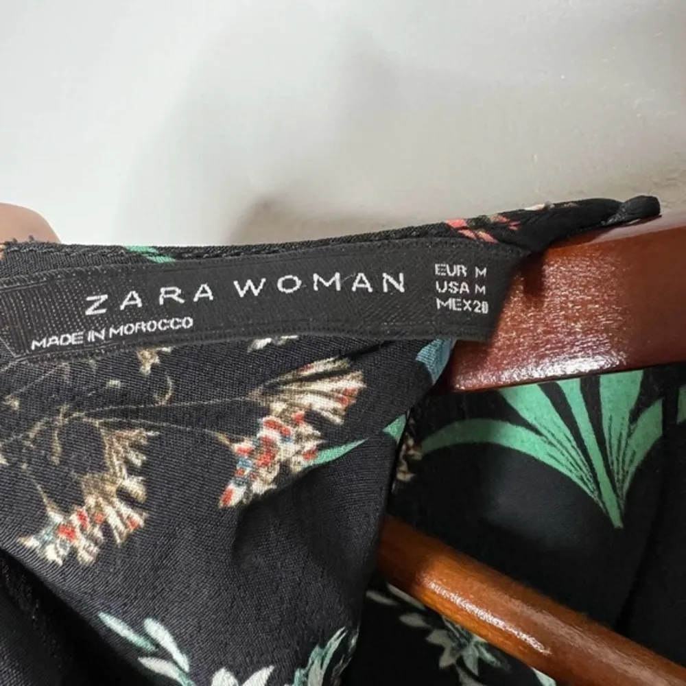 Zara Black with Floral Print A-Line Mini Dress long sleeve shift size medium - Image 10