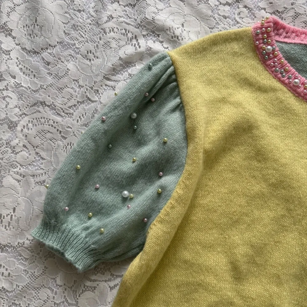 BiBi Color Block Pastel Round Neck Sweater With Pearl Beaded Detail Size L Yellow Size L - Image 4