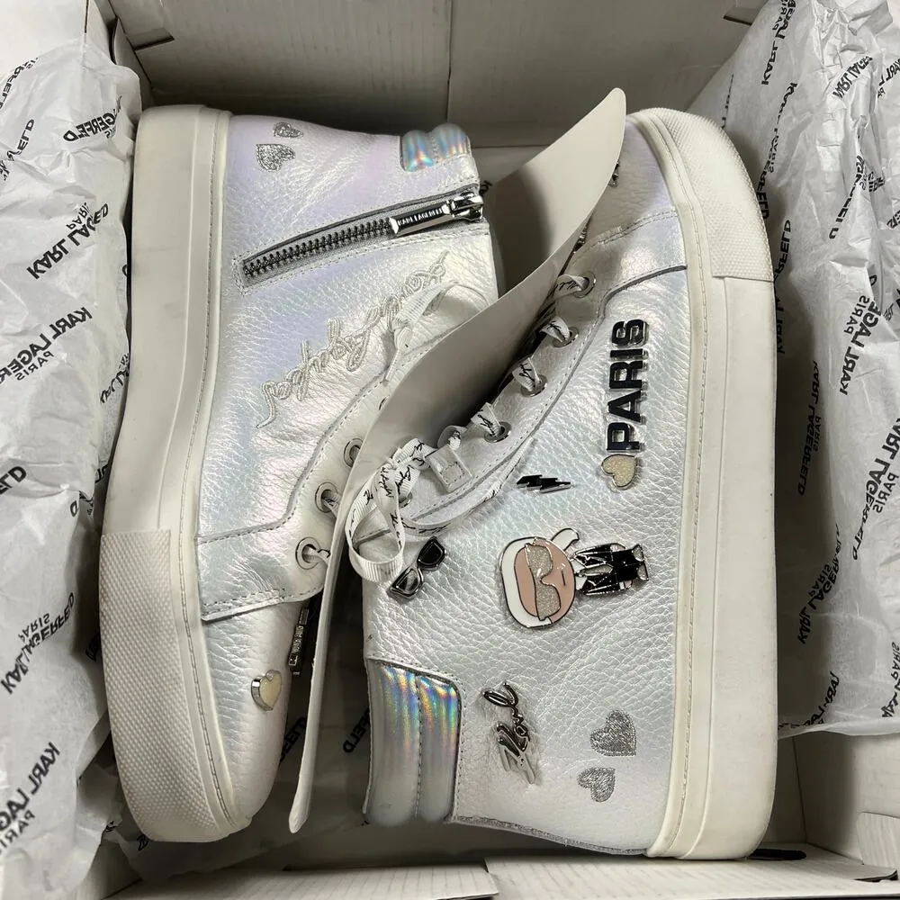 Karl Lagerfeld Paris Catty Iridescent White Leather High Top Sneakers Size 9.5 - Image 9
